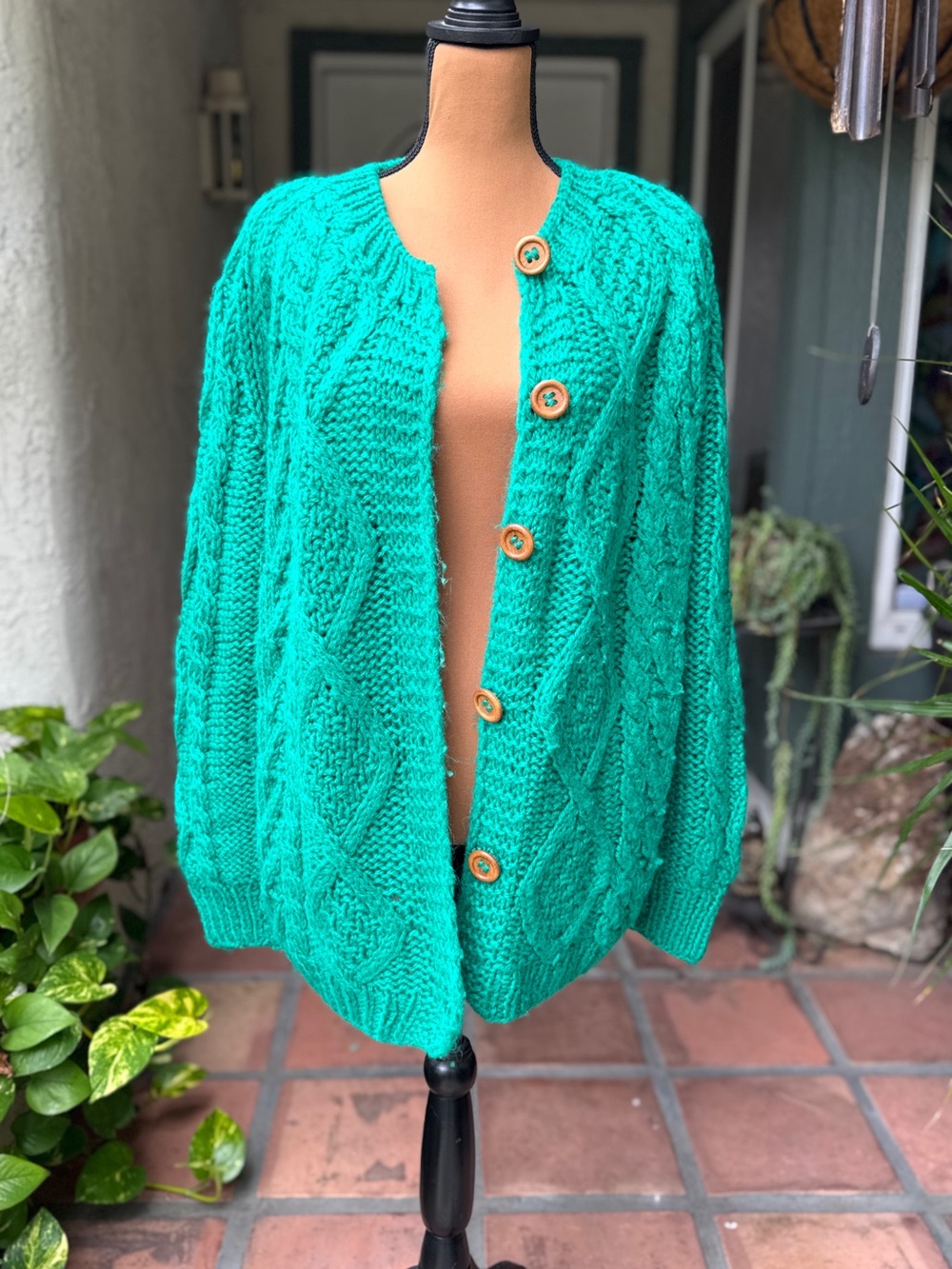 Vtg Nordstrom Point of View Green Cable-Knit Button-Up Women’s Sweater Cardigan